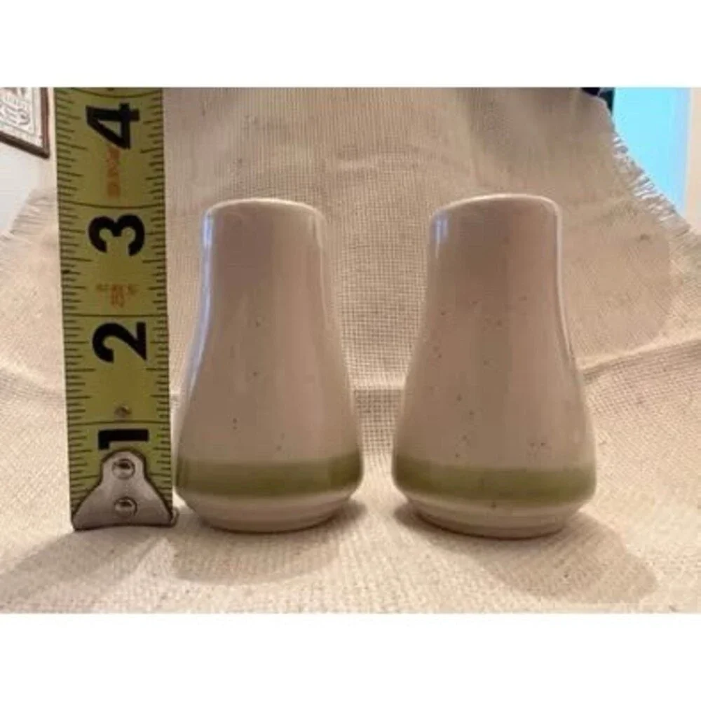 Vintage Stonybrook Salt & Pepper Shakers Set White Speckled Green Band